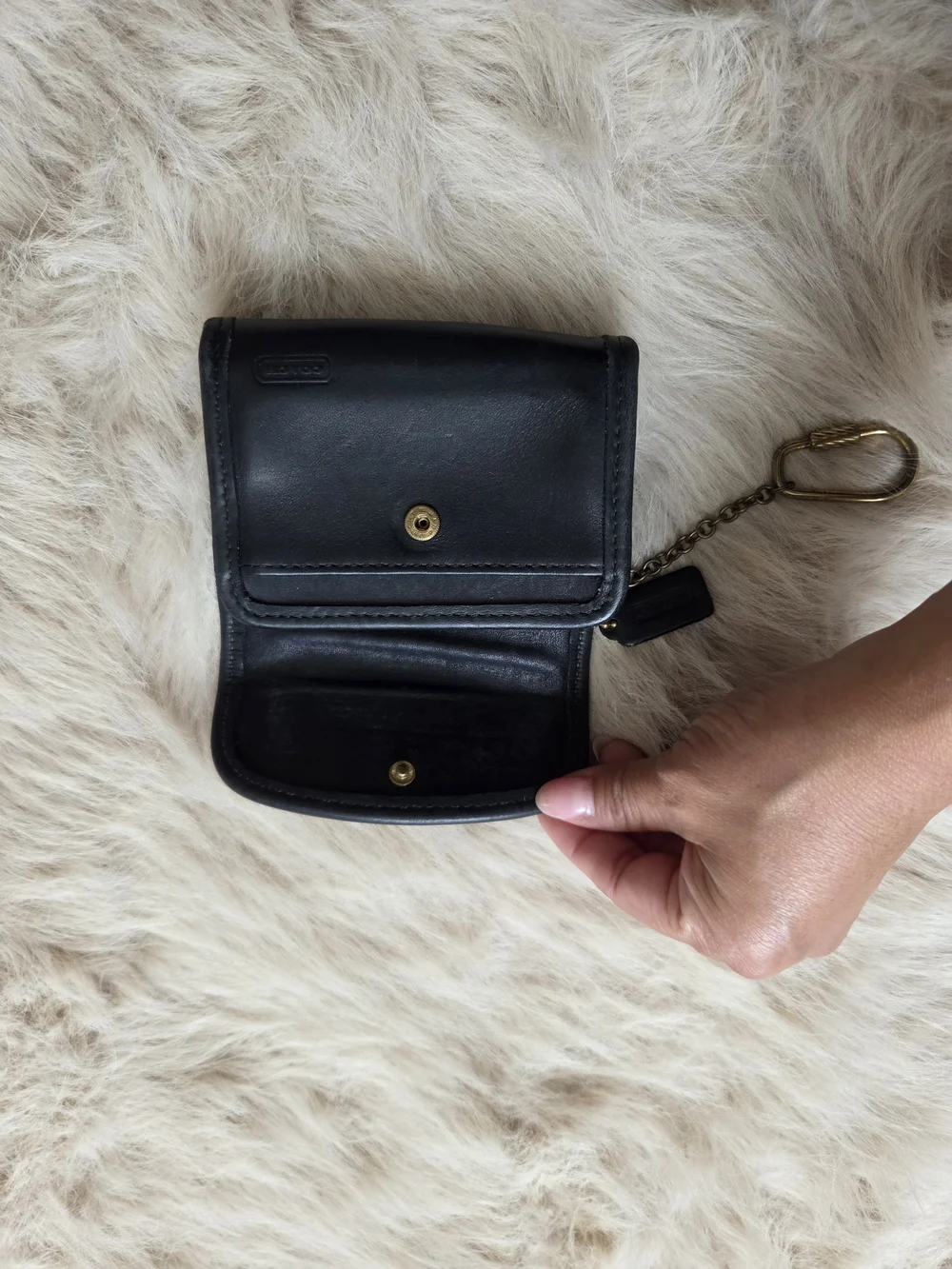 Vintage Coach Black Leather Key Wallet with Gold Chain